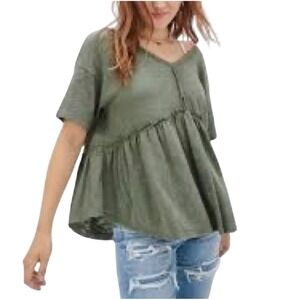 American Eagle Outfitters Peasant Tunic Top Green Tie Back Ruffle Short Sleeve M